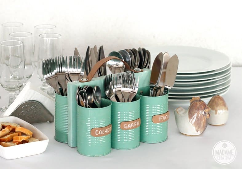 DIY Silverware Caddy Painted Tin Cans