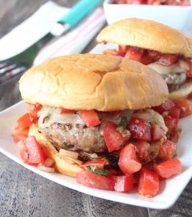 Best 4th of July Recipes and Backyard BBQ ideas - Grilling Ideas Bruschetta Turkey Burger Recipe at #fourthofjuly