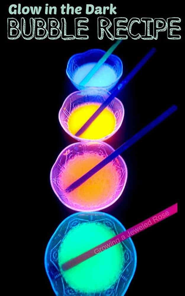 Outdoors DIY Kids Activities for a Party - Glow in the Dark Bubble Recipe - DIY Projects & Crafts by DIY JOY at http://diyjoy.com/fun-outdoor-crafts-for-kids