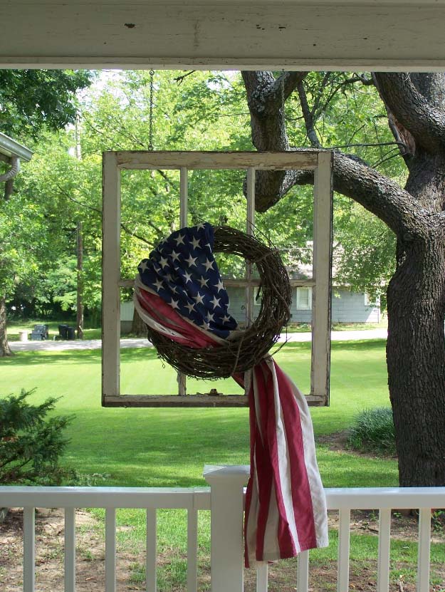 Rustic DIY Ideas With the American Flag | Patriotic Flag Country Crafts and  DIY Projects for the Home and Backyard | Flag Wrapped Wreath in Old Window | http://diyjoy.com/diy-projects-decor-american-flag
