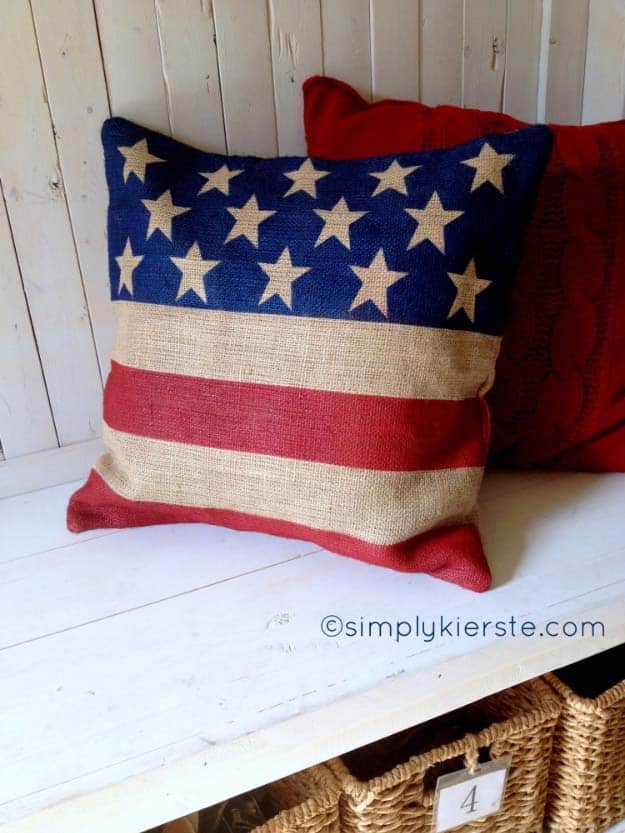 Rustic DIY Ideas With the American Flag | Patriotic Flag Country Crafts and  DIY Projects for the Home and Backyard | Flag on Burlap DIY Pillow | http://diyjoy.com/diy-projects-decor-american-flag
