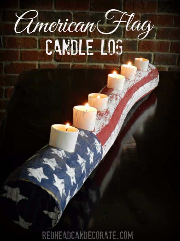 Rustic DIY Ideas With the American Flag | Patriotic Flag Country Crafts and  DIY Projects for the Home and Backyard | Patriotic DIY Candle Holder Log | http://diyjoy.com/diy-projects-decor-american-flag