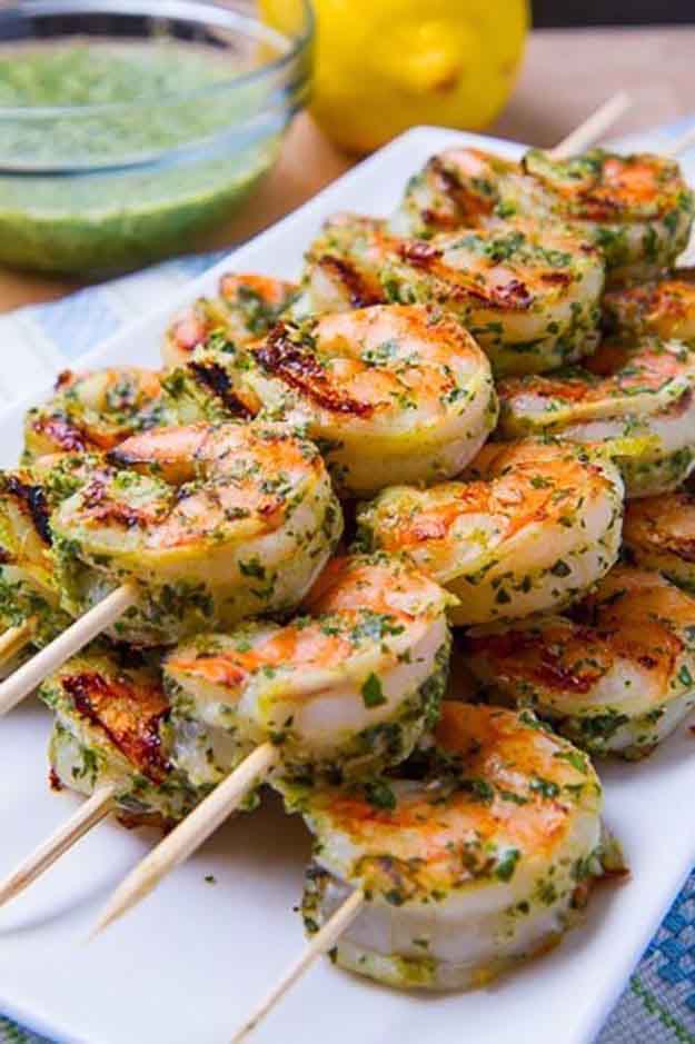 Healthy Shrimp Grilling Recipe | Easy Seafood BBQ Recipe Ideas | Grilled Pesto Shrimp Kabobs | DIY Projects & Crafts by DIY JOY at http://diyjoy.com/grilling-recipes-diy-bbq-ideas