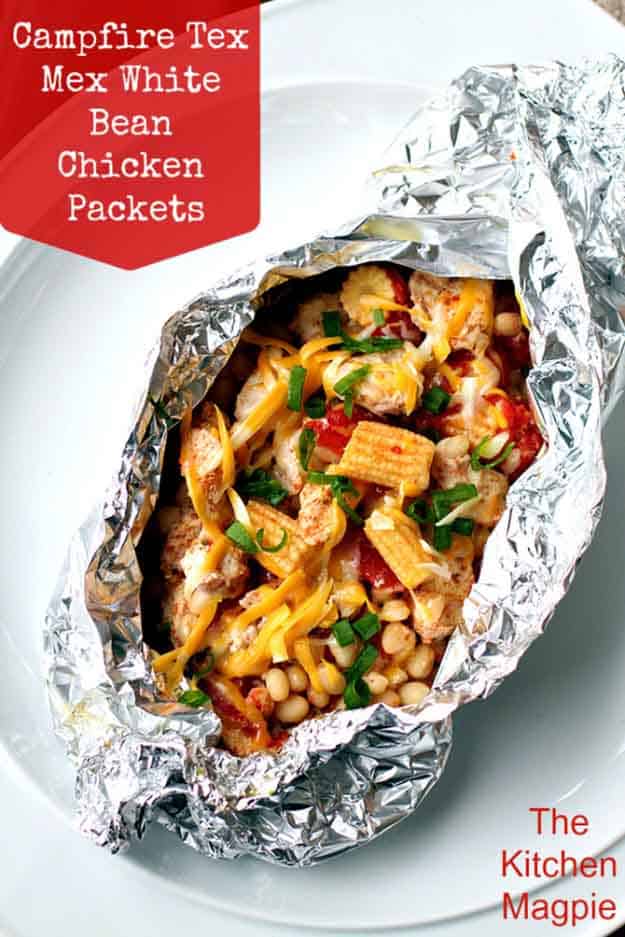 Easy Chicken Grilling Recipe in Foil | BBQ Meat Recipe Ideas | Tex Mex Chicken & White Bean Foil Packets | DIY Projects & Crafts by DIY JOY at http://diyjoy.com/grilling-recipes-diy-bbq-ideas