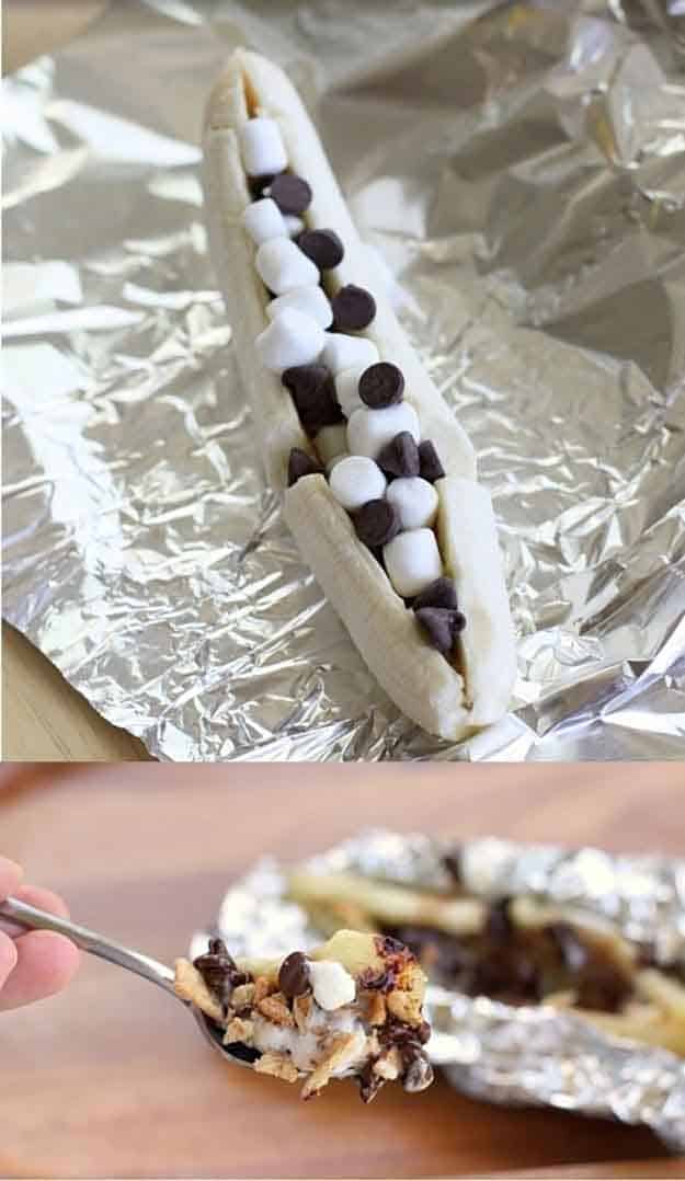 Quick Dessert Grilling Recipes | Easy Dessert Ideas for Kids | Grilled Banana S'Mores Recipe | DIY Projects & Crafts by DIY JOY at http://diyjoy.com/grilling-recipes-diy-bbq-ideas