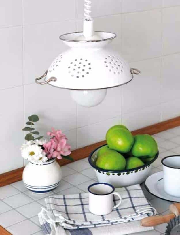DIY Lighting Ideas and Cool DIY Light Projects for the Home. Chandeliers, lamps, awesome pendants and creative hanging fixtures,  complete with tutorials with instructions | DIY Pendant Light from Colander | http://diyjoy.com/diy-projects-lighting-ideas