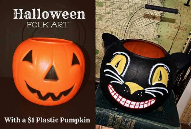 Easy DIY Halloween Decorations | Quick Ideas for Adults, Kids and Teens | Vintage Style Folk Art Black Cat Halloween Bucket