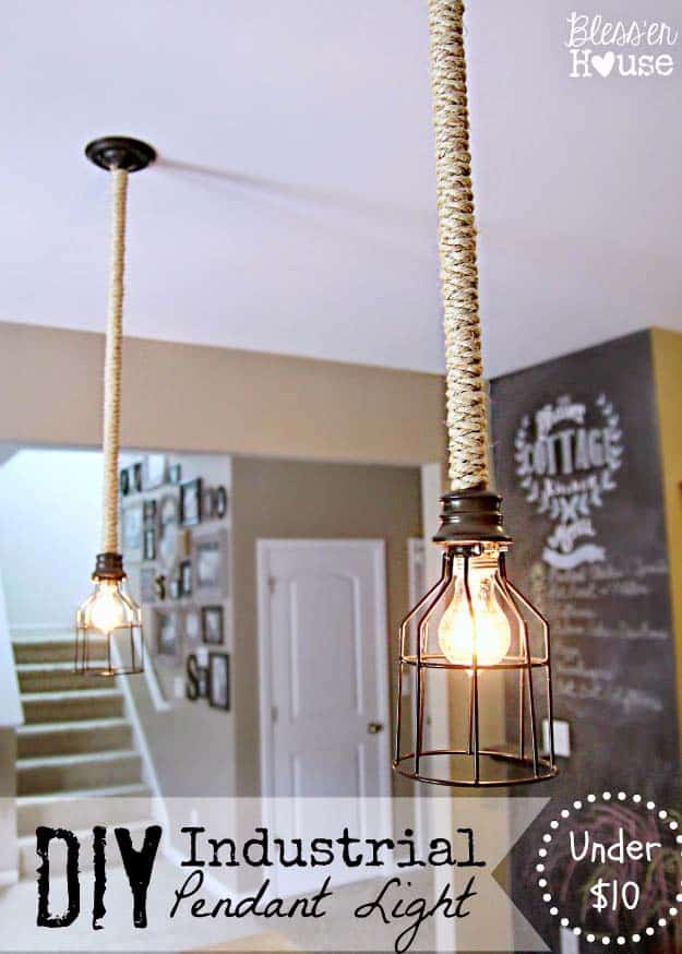 DIY Lighting Ideas and Cool DIY Light Projects for the Home. Chandeliers, lamps, awesome pendants and creative hanging fixtures,  complete with tutorials with instructions | Rope Wrapped Industrial DIY Pendant Light | http://diyjoy.com/diy-projects-lighting-ideas