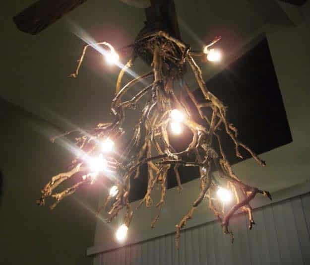 DIY Lighting Ideas and Cool DIY Light Projects for the Home. Chandeliers, lamps, awesome pendants and creative hanging fixtures,  complete with tutorials with instructions | Upcycled DIY Twig Chandelier | http://diyjoy.com/diy-projects-lighting-ideas