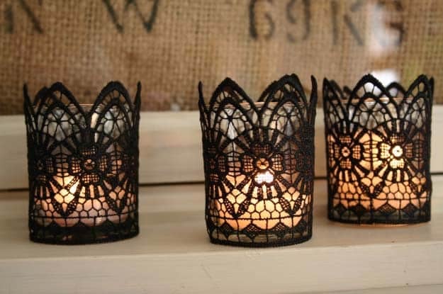 DIY Crafts You Can Make with Lace | Cool DIY Ideas for Fashion, Decor, Gifts, Jewelry and Home Accessories Made With Lace | Black Lace Votives | http://diyjoy.com/diy-crafts-ideas-with-lace
