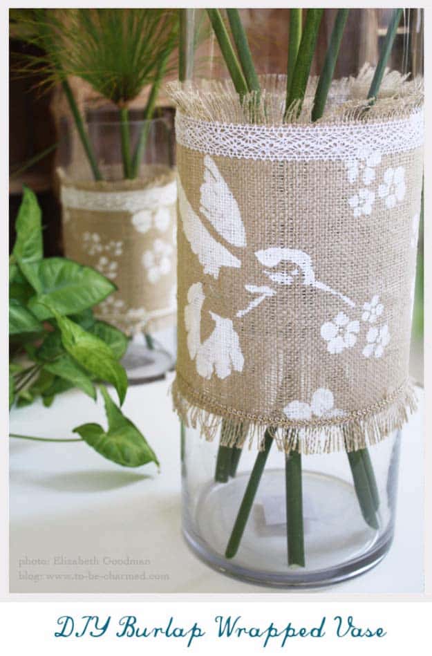 DIY Projects with Burlap and Creative Burlap Crafts for Home Decor, Gifts and More | Burlap Wrapped Vase Embellished with Stencils and Lace 