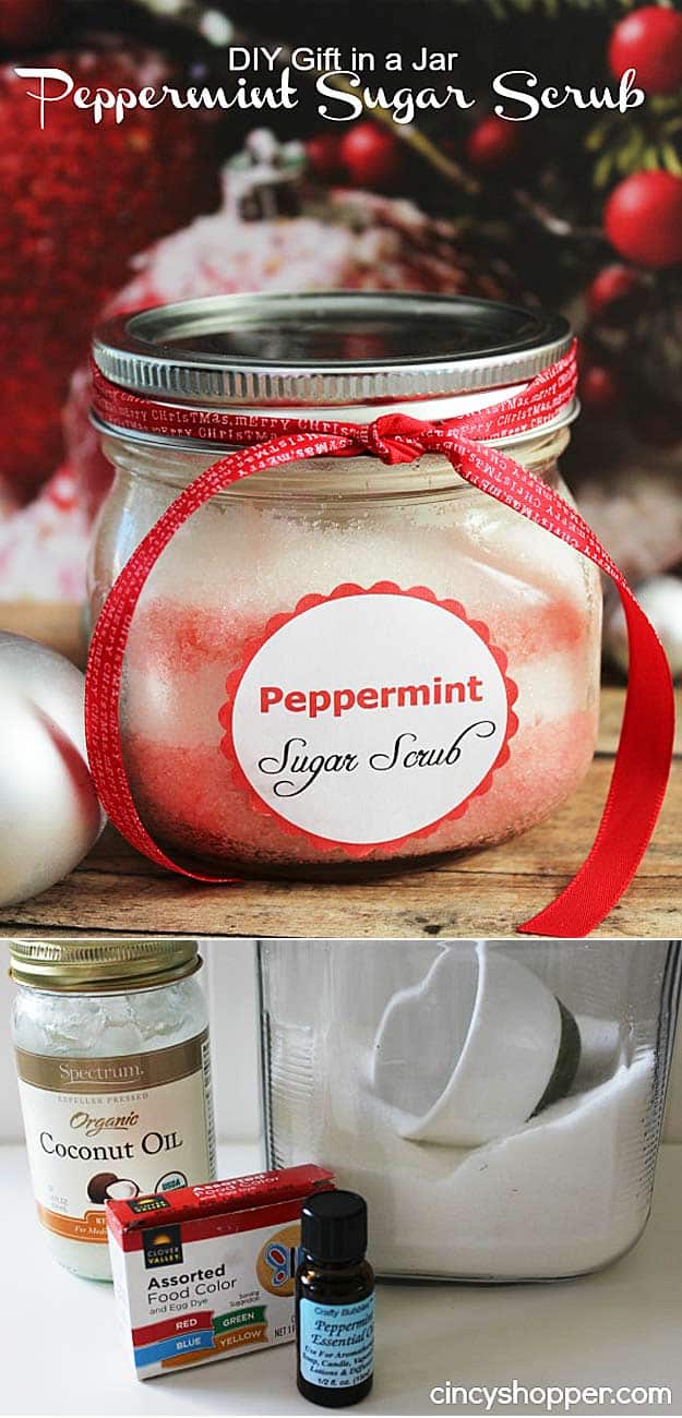 Homemade DIY Gifts in A Jar | Best Mason Jar Cookie Mixes and Recipes, Alcohol Mixers | Fun Gift Ideas for Men, Women, Teens, Kids, Teacher, Mom. Christmas, Holiday, Birthday and Easy Last Minute Gifts | DIY Gift in a Jar Peppermint Sugar Scrub #diy