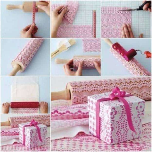 DIY Crafts You Can Make with Lace | Cool DIY Ideas for Fashion, Decor, Gifts, Jewelry and Home Accessories Made With Lace | Easy Self-Print Lace Pattern Gift Wrap | http://diyjoy.com/diy-crafts-ideas-with-lace