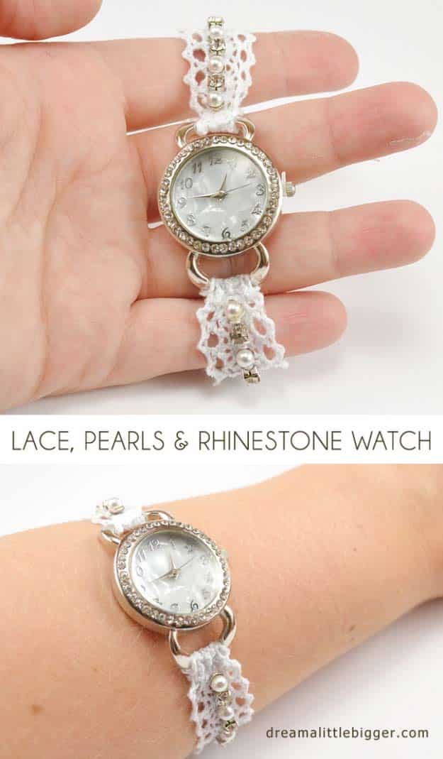 DIY Crafts You Can Make with Lace | Cool DIY Ideas for Fashion, Decor, Gifts, Jewelry and Home Accessories Made With Lace | Lace Pearl and Rhinestone Watch DIY | http://diyjoy.com/diy-crafts-ideas-with-lace