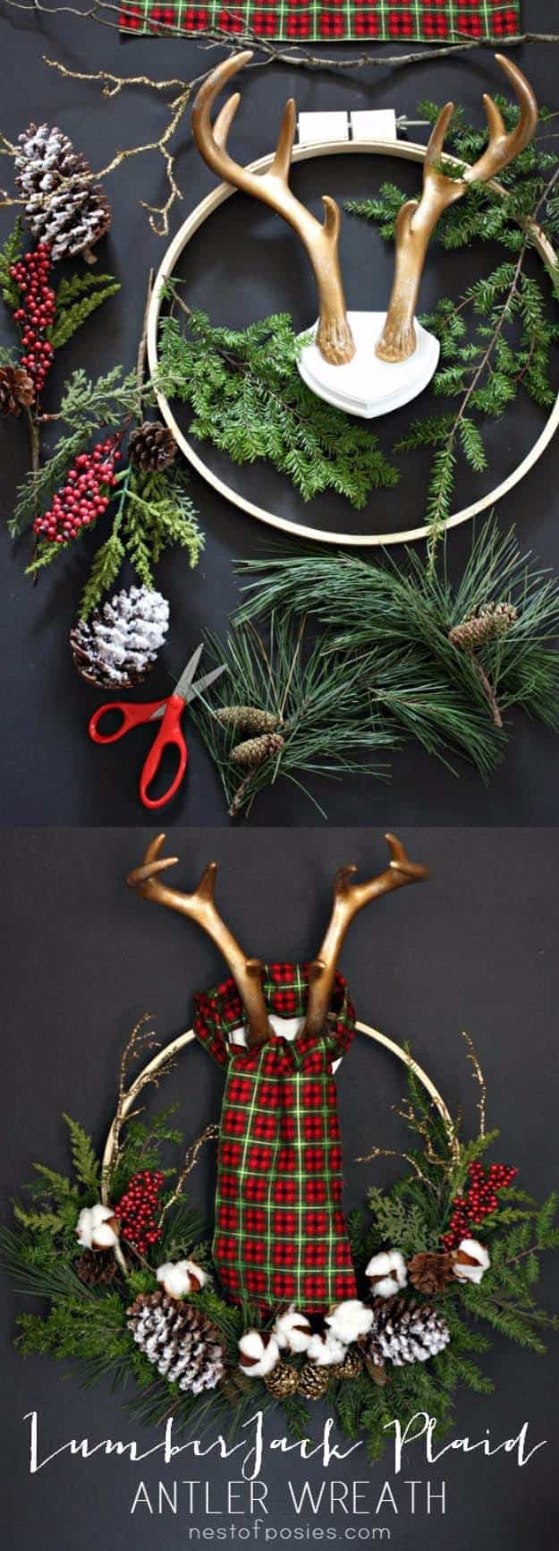 DIY Holiday Wreaths Make Awesome Homemade Christmas Decorations for Your Front Door | Cool Crafts and DIY Projects by DIY JOY | Lumberjack Plaid Antler Wreath #diy 