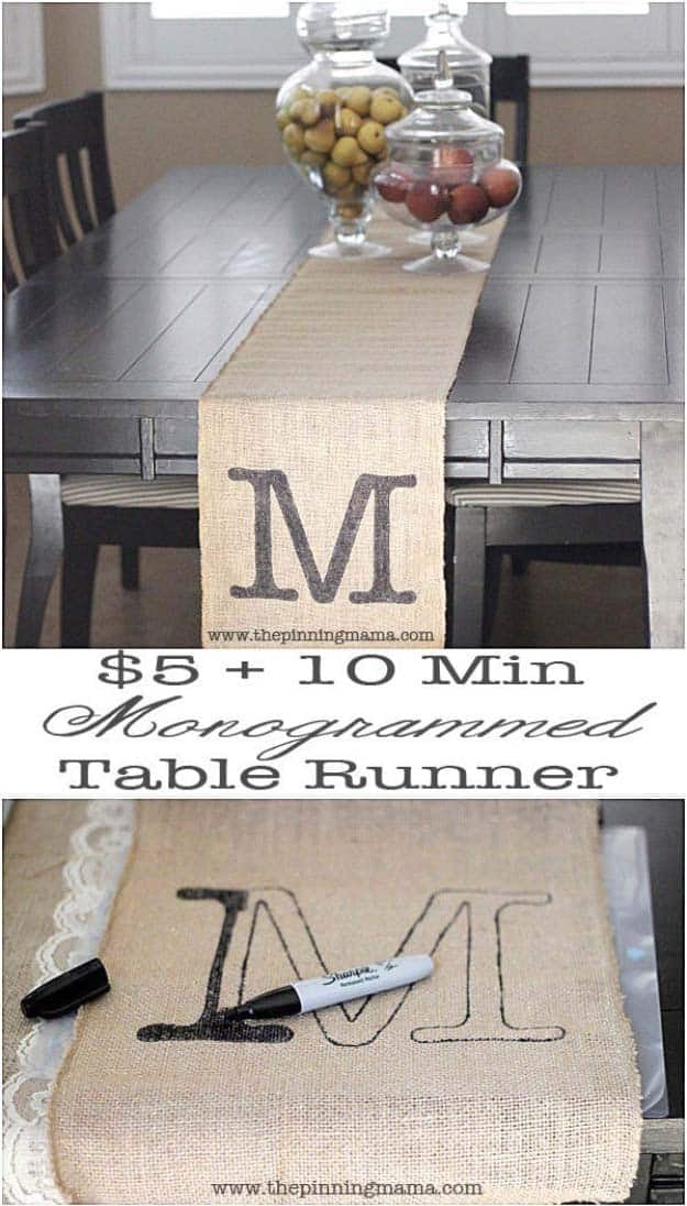 DIY Projects with Burlap and Creative Burlap Crafts for Home Decor, Gifts and More | Monogrammed Table Runner 