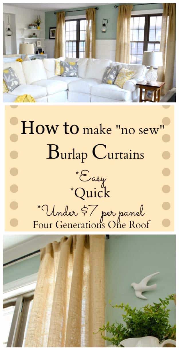 DIY Projects with Burlap and Creative Burlap Crafts for Home Decor, Gifts and More | No-Sew Burlap Curtains 