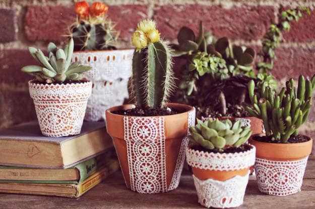 DIY Crafts You Can Make with Lace | Cool DIY Ideas for Fashion, Decor, Gifts, Jewelry and Home Accessories Made With Lace | Pretty Lace Flower Pots | http://diyjoy.com/diy-crafts-ideas-with-lace