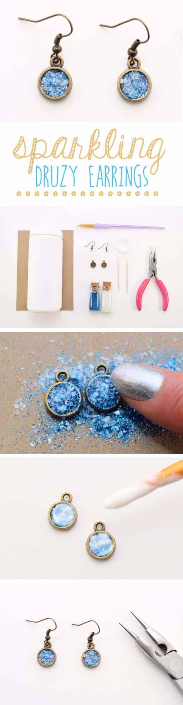 DIY Gifts for Your Girlfriend and Cool Homemade Gift Ideas for Her | Easy Creative DIY Projects and Tutorials for Christmas, Birthday and Anniversary Gifts for Mom, Sister, Aunt, Teacher or Friends | Sparklng Glitter Druzy Earrings for Cool Homemade DIY Fashion #diygifts #diyideas 
