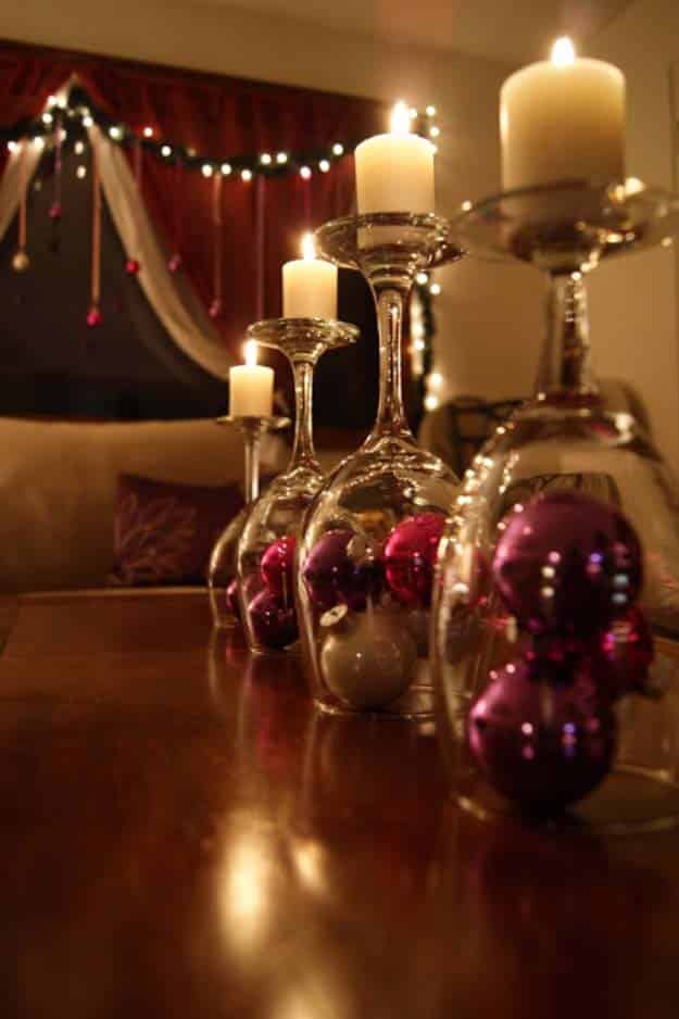 Awesome DIY Christmas Home Decorations and Homemade Holiday Decor Ideas - Quick and Easy Decorating ideas, cool ornaments, home decor crafts and fun Christmas stuff | Crafts and DIY projects by DIY Joy | Wine Glass Christmas Ball Votives #diy #crafts #christmas