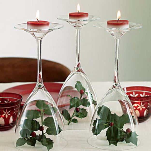 Awesome DIY Christmas Home Decorations and Homemade Holiday Decor Ideas - Quick and Easy Decorating ideas, cool ornaments, home decor crafts and fun Christmas stuff | Crafts and DIY projects by DIY Joy | Wine Glass Holiday Votive Holders #diy #crafts #christmas