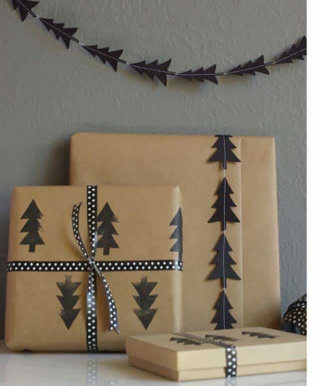 DIY Gift Wrapping Ideas - How To Wrap A Present - Tutorials, Cool Ideas and Instructions | Cute Gift Wrap Ideas for Christmas, Birthdays and Holidays | Tips for Bows and Creative Wrapping Papers | Black Tree Garland and Stamped Wrapping Paper #gifts #diys