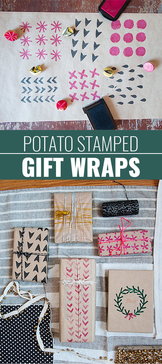 DIY Gift Wrapping Ideas - How To Wrap A Present - Tutorials, Cool Ideas and Instructions | Cute Gift Wrap Ideas for Christmas, Birthdays and Holidays | Tips for Bows and Creative Wrapping Papers | Potato-Stamp-Gift-Wrap #gifts #diys