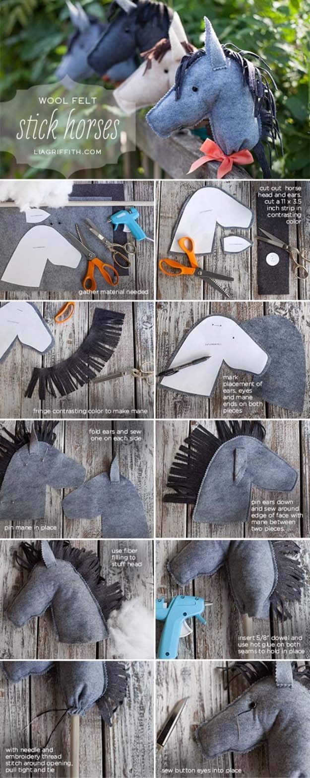 DIY Christmas Gifts for Kids - Homemade Christmas Presents for Children and Christmas Crafts for Kids | Toys, Dress Up Clothes, Dolls and Fun Games | Step by Step tutorials and instructions for cool gifts to make for boys and girls | Wool felt Stick Horses 