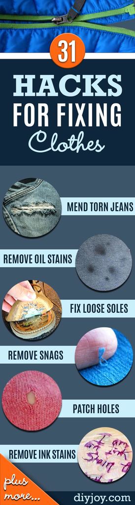 diy hacks for stained clothes - repairing clothing tips - tricks and ideas for Repairing Clothes and Removing Stains in Clothing | http://diyjoy.com/diy-hacks-for-fixing-ruined-clothes