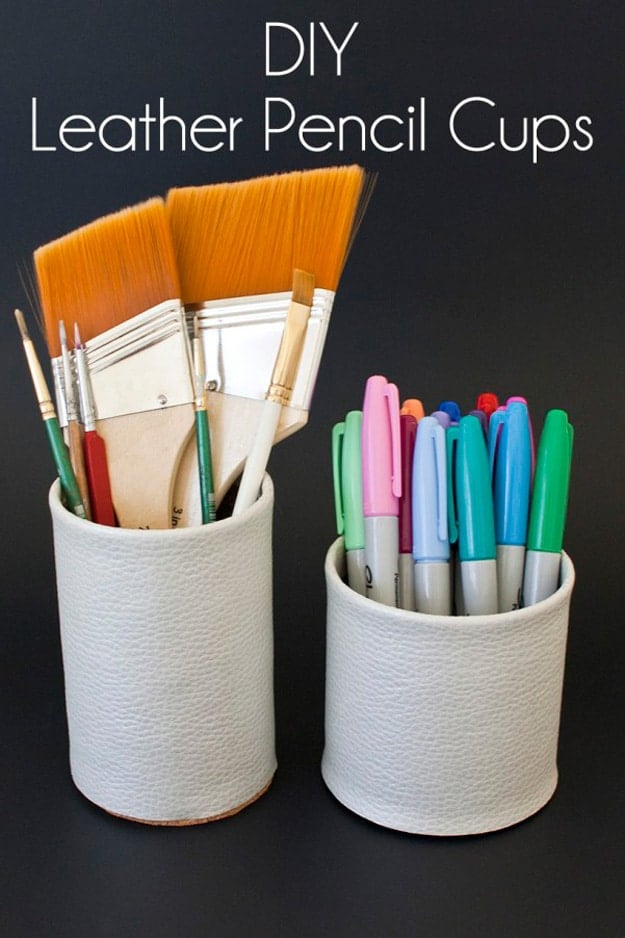 76 Crafts To Make and Sell - Easy DIY Ideas for Cheap Things To Sell on Etsy, Online and for Craft Fairs. Make Money with These Homemade Crafts for Teens, Kids, Christmas, Summer, Mother’s Day Gifts. | Faux Leather Pencil Cup | diyjoy.com/crafts-to-make-and-sell