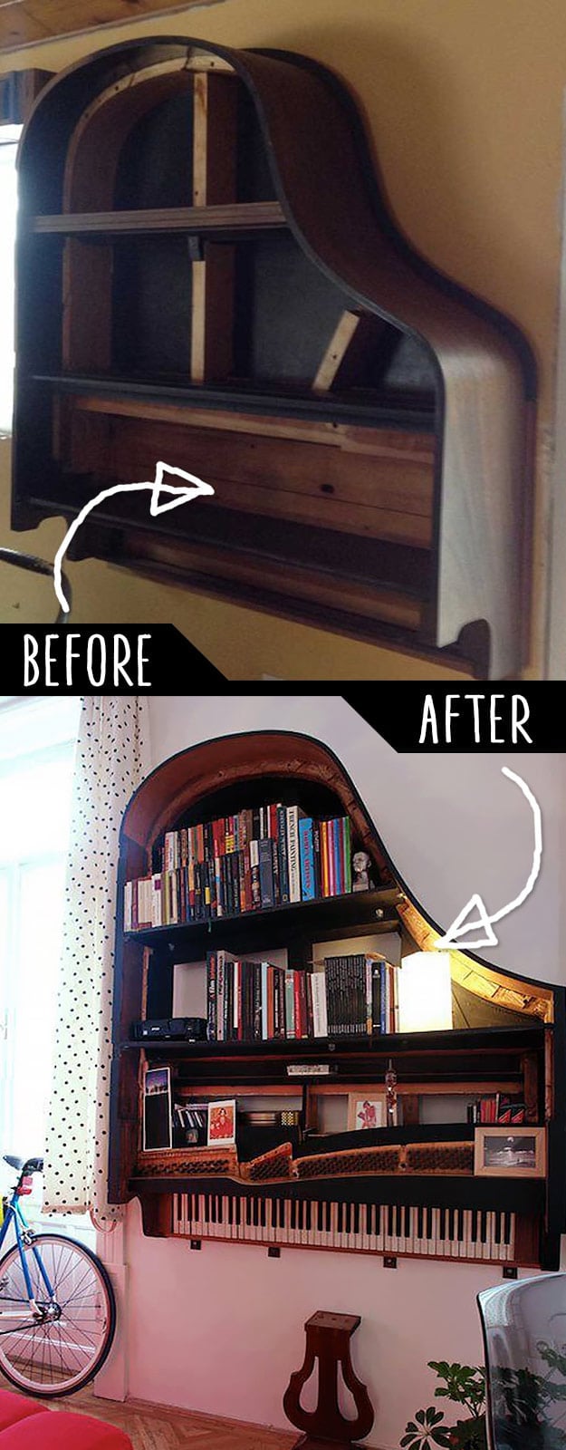 DIY Furniture Hacks | Grand Piano Bookshelf | Cool Ideas for Creative Do It Yourself Furniture Made From Things You Might Not Expect - http://diyjoy.com/diy-furniture-hacks