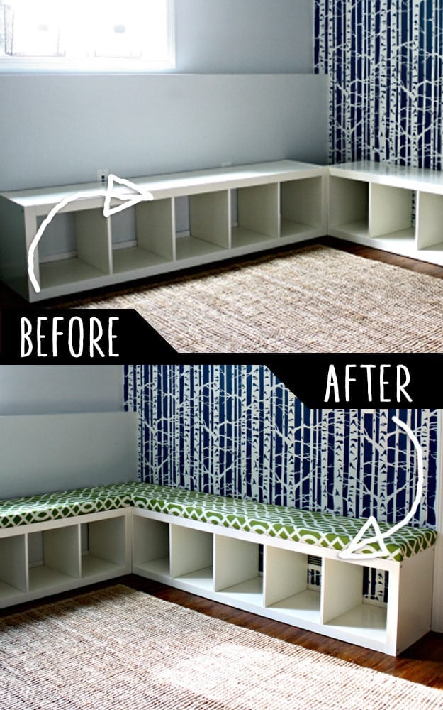 DIY Furniture Hacks | Padded Bench Out of Bookshelf | Cool Ideas for Creative Do It Yourself Furniture Made From Things You Might Not Expect - http://diyjoy.com/diy-furniture-hacks