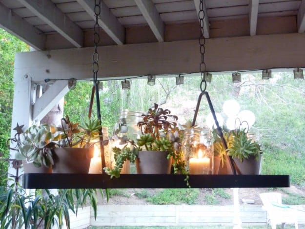 Mason Jar Lights - DIY Succulent Chandelier - DIY Ideas with Mason Jars for Outdoor, Kitchen, Bathroom, Bedroom and Home, Wedding. How to Make Hanging Lanterns, Rustic Chandeliers and Pendants, Solar Lights for Outside http://diyjoy.com/diy-mason-jar-lights-lanterns