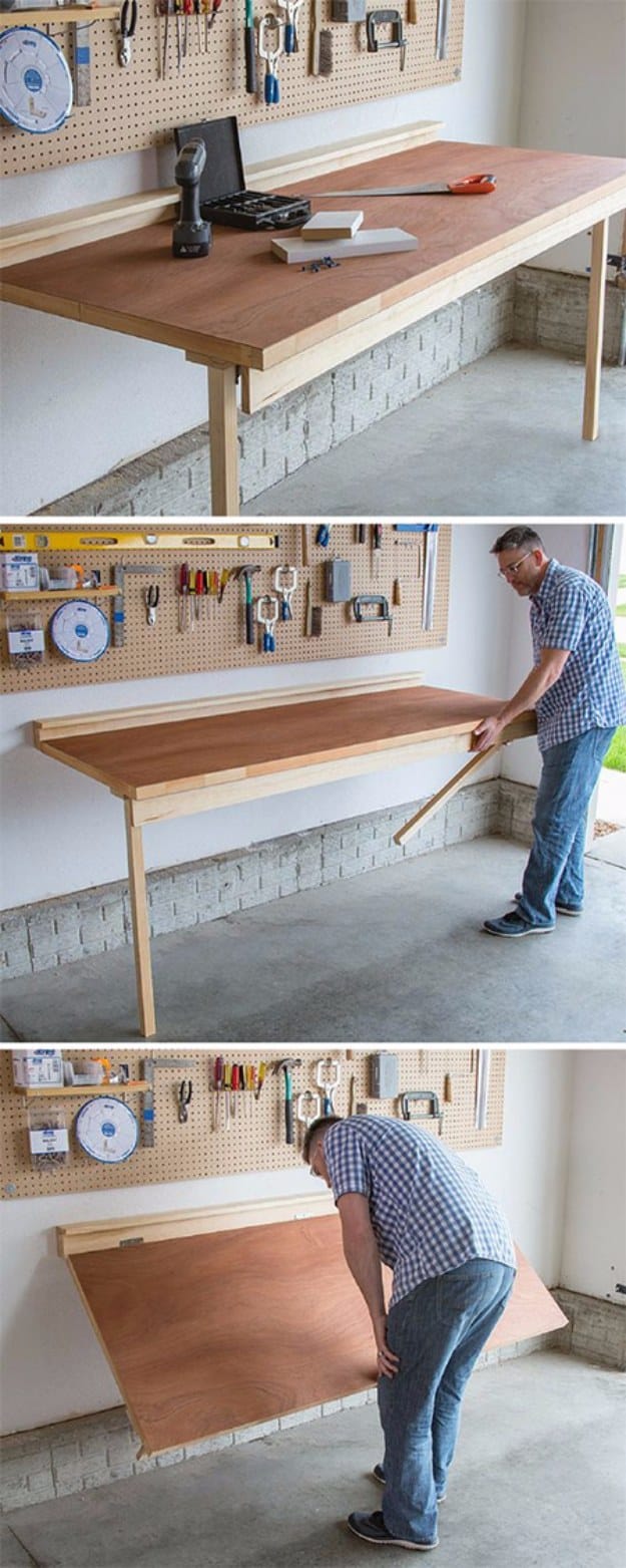 DIY Projects Your Garage Needs -DIY Folding Bench Work Table - Do It Yourself Garage Makeover Ideas Include Storage, Organization, Shelves, and Project Plans for Cool New Garage Decor http://diyjoy.com/diy-projects-garage