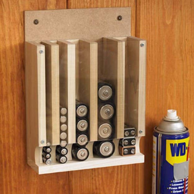 DIY Projects Your Garage Needs -Drop Down Battery Dispenser DIY - Do It Yourself Garage Makeover Ideas Include Storage, Organization, Shelves, and Project Plans for Cool New Garage Decor http://diyjoy.com/diy-projects-garage