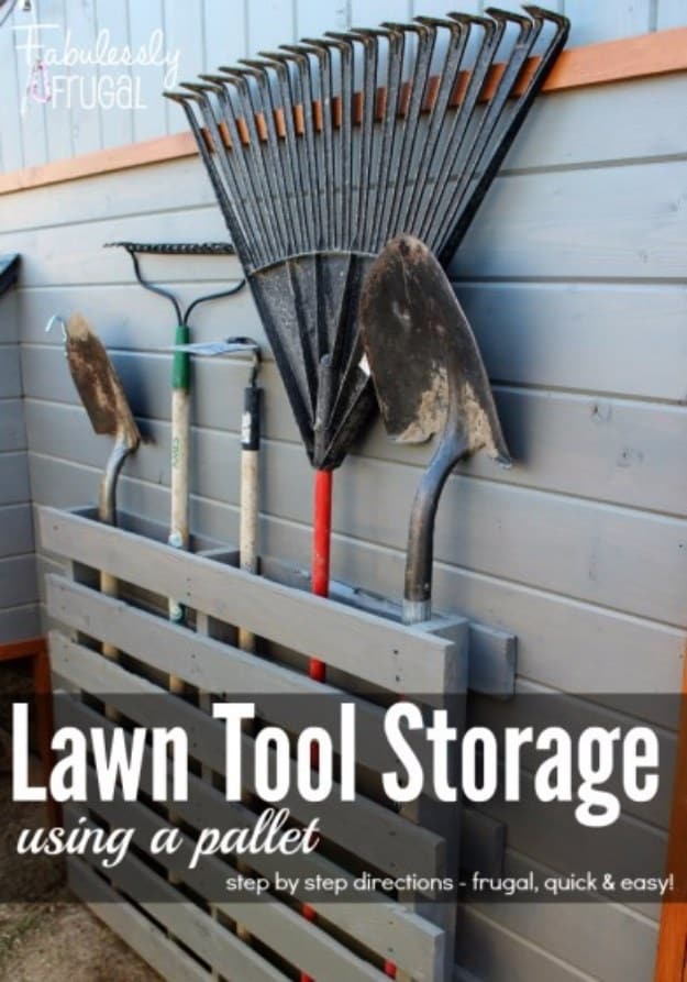 DIY Projects Your Garage Needs -Lawn Tool Storage Using A Pallet - Do It Yourself Garage Makeover Ideas Include Storage, Organization, Shelves, and Project Plans for Cool New Garage Decor http://diyjoy.com/diy-projects-garage