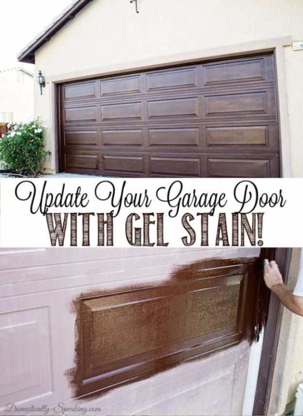 Creative Ways to Increase Curb Appeal on A Budget - Update Garage Door With Gel Stain - Cheap and Easy Ideas for Upgrading Your Front Porch, Landscaping, Driveways, Garage Doors, Brick and Home Exteriors. Add Window Boxes, House Numbers, Mailboxes and Yard Makeovers http://diyjoy.com/diy-curb-appeal-ideas
