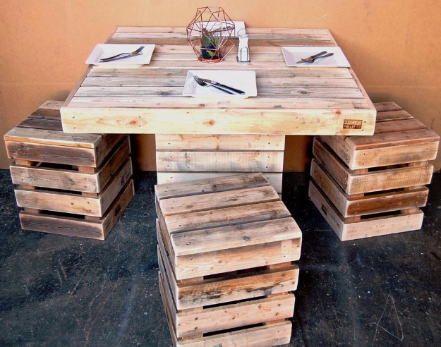 DIY Dining Room Table Projects - DIY Square Pallet Dining Set - Creative Do It Yourself Tables and Ideas You Can Make For Your Kitchen or Dining Area. Easy Step by Step Tutorials that Are Perfect For Those On A Budget http://diyjoy.com/diy-dining-room-table-projects