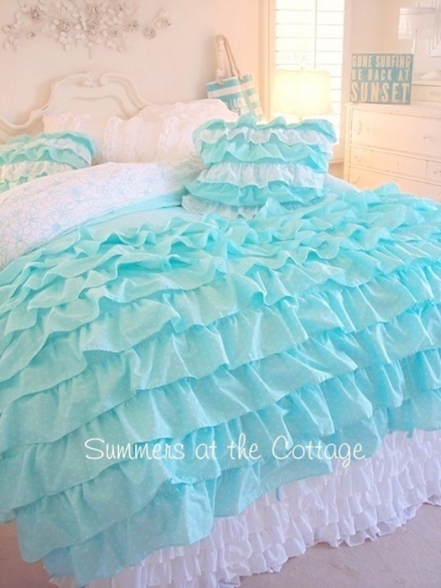 Shabby Chic Decor and Bedding Ideas - Aqua Ruffled Comforter - Rustic and Romantic Vintage Bedroom, Living Room and Kitchen Country Cottage Furniture and Home Decor Ideas. Step by Step Tutorials and Instructions 