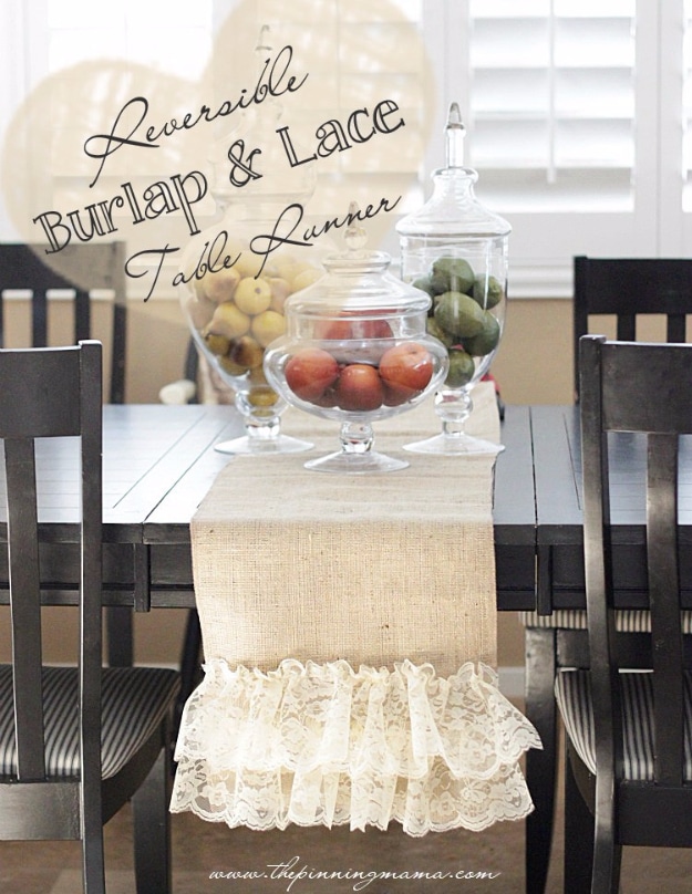 Shabby Chic Decor and Bedding Ideas - DIY Reversible Burlap And Lace Table Runner - Rustic and Romantic Vintage Bedroom, Living Room and Kitchen Country Cottage Furniture and Home Decor Ideas. Step by Step Tutorials and Instructions 
