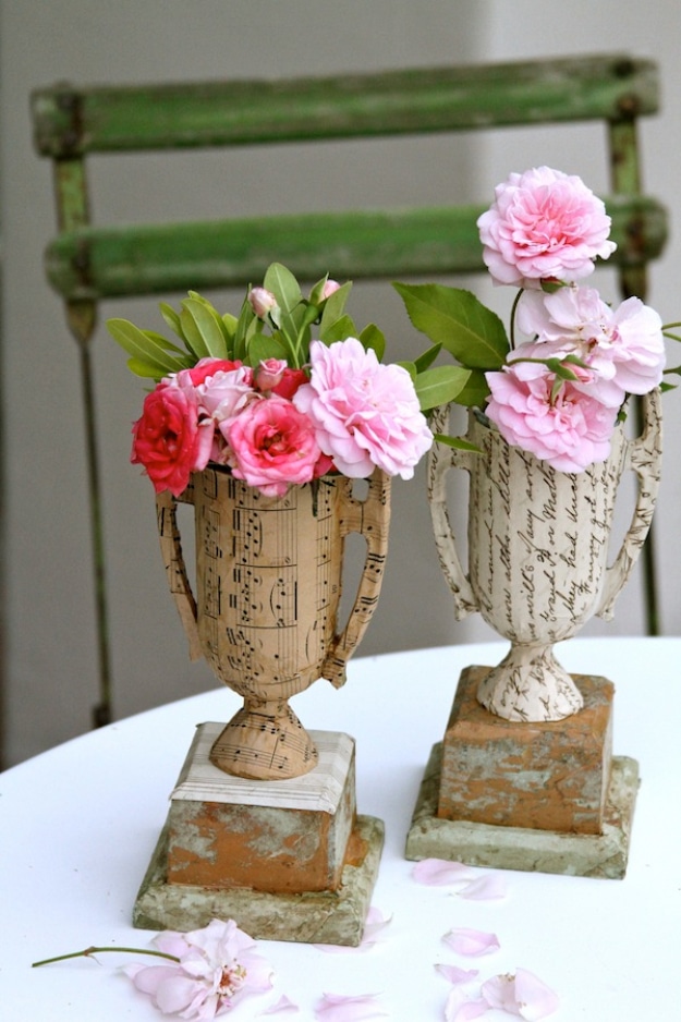 Shabby Chic Decor and Bedding Ideas - DIY Vintage Sheet Music And Book Page Vase From Plastic Trophies - Rustic and Romantic Vintage Bedroom, Living Room and Kitchen Country Cottage Furniture and Home Decor Ideas. Step by Step Tutorials and Instructions 