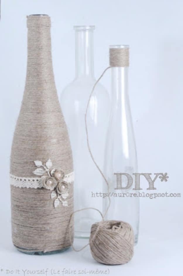 Shabby Chic Decor and Bedding Ideas - DIY Yarn Wrapped Bottles - Rustic and Romantic Vintage Bedroom, Living Room and Kitchen Country Cottage Furniture and Home Decor Ideas. Step by Step Tutorials and Instructions 