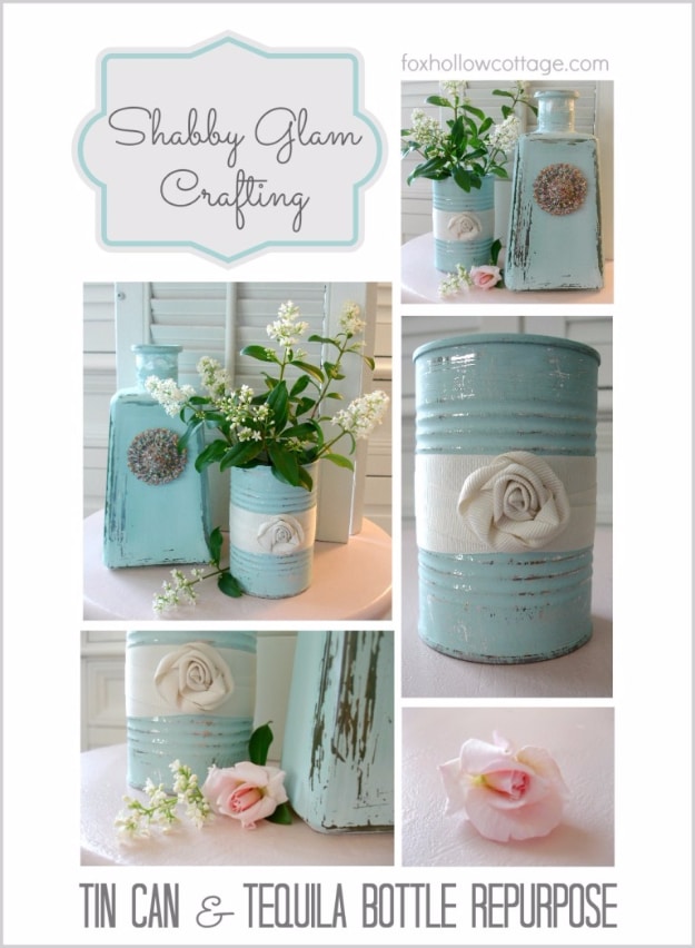 Shabby Chic Decor and Bedding Ideas - Glass Bottle and Tin Can Repurpose - Rustic and Romantic Vintage Bedroom, Living Room and Kitchen Country Cottage Furniture and Home Decor Ideas. Step by Step Tutorials and Instructions 