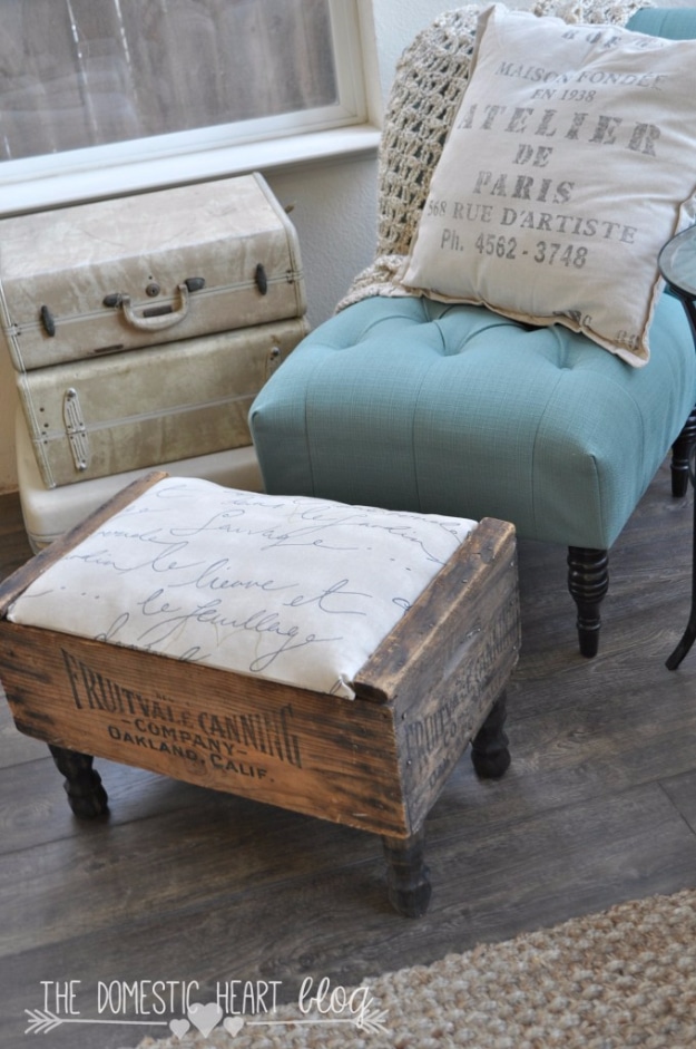 Shabby Chic Decor and Bedding Ideas - Vintage Crate DIY Footstool - Rustic and Romantic Vintage Bedroom, Living Room and Kitchen Country Cottage Furniture and Home Decor Ideas. Step by Step Tutorials and Instructions 