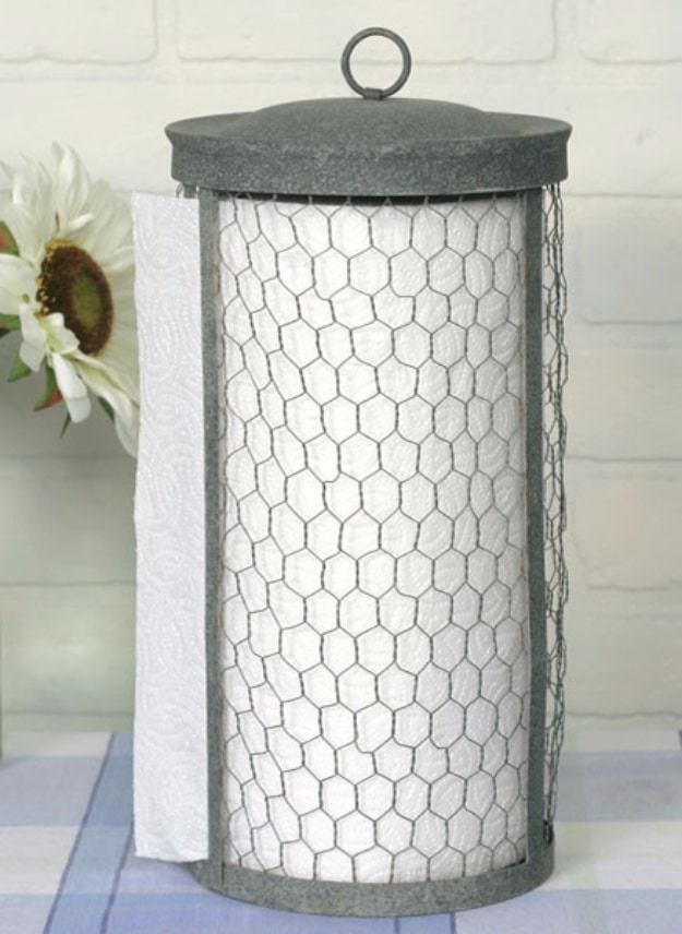 DIY Farmhouse Style Decor Ideas for the Kitchen - Chicken Wire Towel Holder - Rustic Farm House Ideas for Furniture, Paint Colors, Farm House Decoration for Home Decor in The Kitchen - Wall Art, Rugs, Countertops, Lights and Kitchen Accessories http://diyjoy.com/diy-farmhouse-kitchen