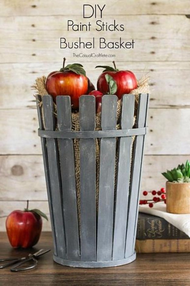 DIY Farmhouse Style Decor Ideas for the Kitchen - DIY Paint Sticks Bushel Basket - Rustic Farm House Ideas for Furniture, Paint Colors, Farm House Decoration for Home Decor in The Kitchen - Wall Art, Rugs, Countertops, Lights and Kitchen Accessories http://diyjoy.com/diy-farmhouse-kitchen