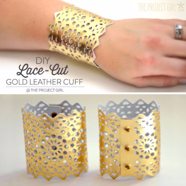 Creative Leather Crafts - DIY Lace Cut Gold Leather Cuff - Best DIY Projects Made With Leather - Easy Handmade Do It Yourself Gifts and Fashion - Cool Crafts and DYI Leather Projects With Step by Step Tutorials http://diyjoy.com/diy-leather-crafts