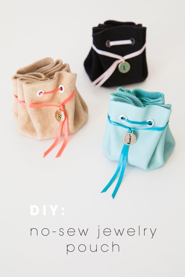 Creative Leather Crafts - DIY No Sew Leather Jewelry Pouch - Best DIY Projects Made With Leather - Easy Handmade Do It Yourself Gifts and Fashion - Cool Crafts and DYI Leather Projects With Step by Step Tutorials http://diyjoy.com/diy-leather-crafts