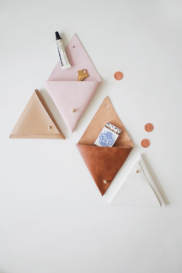 Creative Leather Crafts - DIY Triangle Leather Pouch - Best DIY Projects Made With Leather - Easy Handmade Do It Yourself Gifts and Fashion - Cool Crafts and DYI Leather Projects With Step by Step Tutorials http://diyjoy.com/diy-leather-crafts
