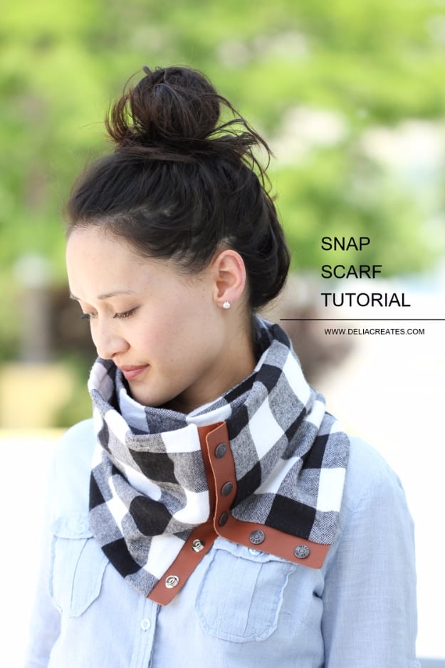 Creative Leather Crafts - Leather Flannel Snap Scarf - Best DIY Projects Made With Leather - Easy Handmade Do It Yourself Gifts and Fashion - Cool Crafts and DYI Leather Projects With Step by Step Tutorials http://diyjoy.com/diy-leather-crafts